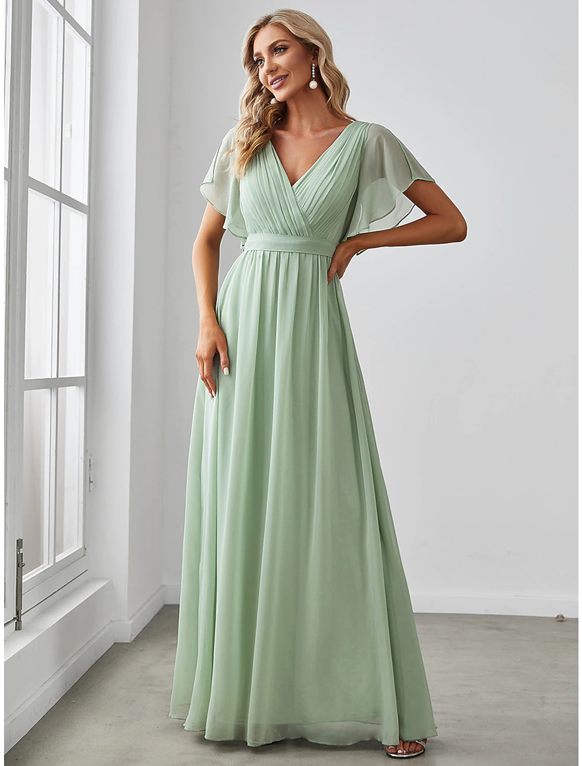 Wholesale A-Line Bridesmaid Dress V Neck Short Sleeve Elegant Stretch Chiffon with Ruffles